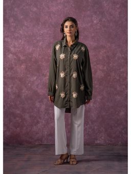 Juniper - Olive Green Embellished Shirt With Beaded Eye Motifs