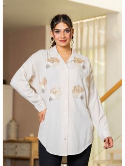 Juniper - Viscose Linen Off White Embellished Shirt With Sequin And Bead Details