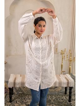 Juniper - Off-White Embroidered Viscose-Linen Shirt With Zari Work