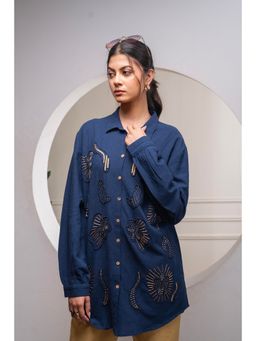 Juniper - Navy Blue Embroidered Long Shirt With Bead Detailing And Full Sleeves