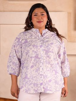 Indietoga - Women Plus Size Purple Floral Printed Pleated Lace Cotton Longline Top