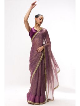 Swtantra - Purple Chiffon Lace Work Saree with Unstitched Blouse