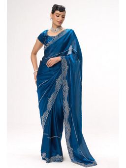 Swtantra - Blue Satin Thread Work Saree with Unstitched Blouse