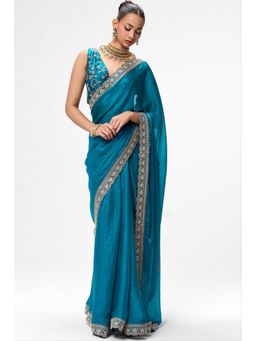 Swtantra - Blue Satin Thread Work Saree with Unstitched Blouse