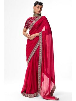 Swtantra - Red Satin Thread Work Saree with Unstitched Blouse