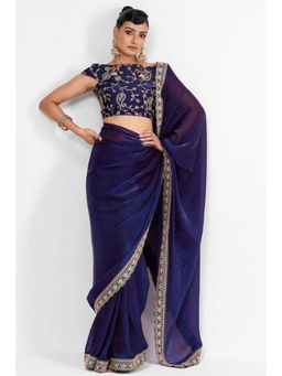 Swtantra - Purple Satin Thread Work Saree with Unstitched Blouse