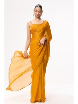 Swtantra - Yellow Satin Lace Work Saree with Unstitched Blouse
