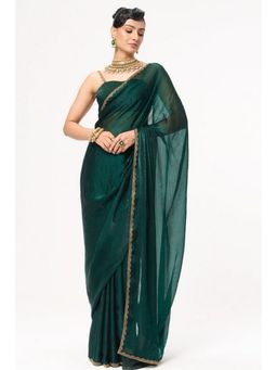 Swtantra - Green Satin Lace Work Saree with Unstitched Blouse