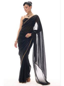 Swtantra - Black Satin Lace Work Saree with Unstitched Blouse