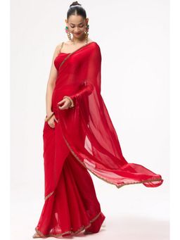 Swtantra - Red Satin Lace Work Saree with Unstitched Blouse