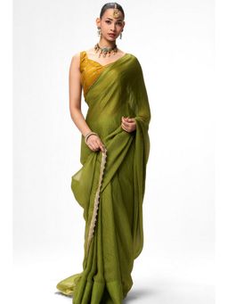 Swtantra - Green Satin Plain Saree with Stitched Blouse