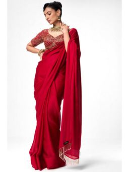 Swtantra - Red Satin Tassels Saree with Unstitched Blouse