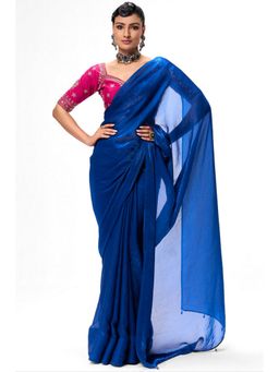 Swtantra - Blue Satin Plain Saree with Stitched Blouse
