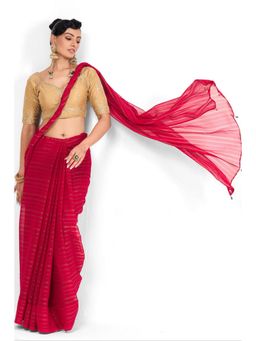 Swtantra - Red Chiffon Tassels Saree with Stitched Blouse