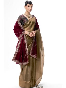 Swtantra - Beige Organza Tassels Saree with Unstitched Blouse