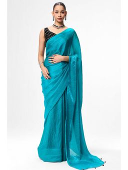 Swtantra - Blue Satin Tassels Saree with Stitched Blouse