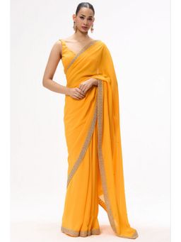 Swtantra - Yellow Georgette Mirror Work Saree with Unstitched Blouse