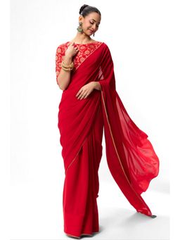 Swtantra - Red Georgette Lace Work Saree with Unstitched Blouse