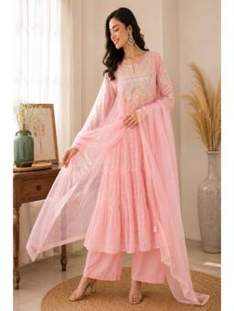 Tankori - Women Pink Embroidered Anarkali Kurta with Pant & Dupatta