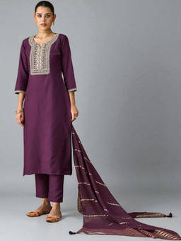 Tankori - Women Purple Embroidered Straight Kurta with Pant & Dupatta