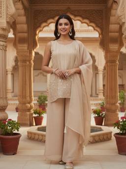 Tankori - Women Beige Embroidered Sleeveless Kurta With Palazzo & Dupatta