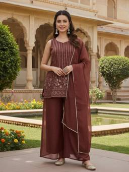 Tankori - Women Coffee Brown Embroidered Sleeveless Kurta With Palazzo & Dupatta
