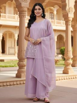 Tankori - Women Lavender Embroidered Sleeveless Kurta With Palazzo & Dupatta