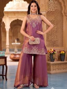 Tankori - Women Ethnic Motifs Embroidered Purple Kurta with Palazzos & Dupatta