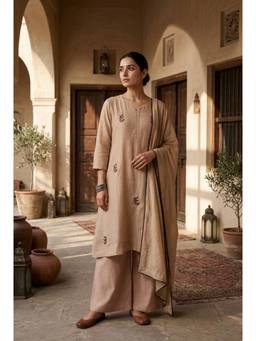 HERITAGE - Women Brown Embellished A-Line Kurta with Pant & Dupatta