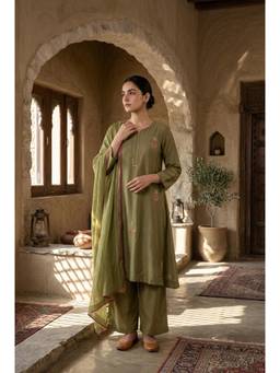HERITAGE - Women Olive Embellished A-Line Kurta with Pant & Dupatta
