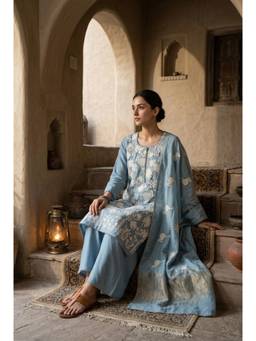 HERITAGE - Women Powder Blue Floral Crane Embroidered Kurta with Pant & Dupatta