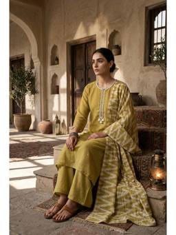 HERITAGE - Women Mehndi Green Kurta with Pant & Dupatta