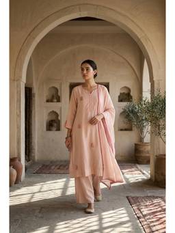 HERITAGE - Women Blush Peach Pearl Embroidered Kurta with Pant & Dupatta