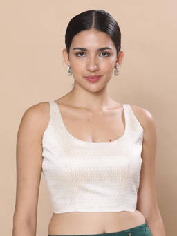 Studio Shringaar - Womens Silky Brocade Sleeveless Padded Off White Stitched Blouse