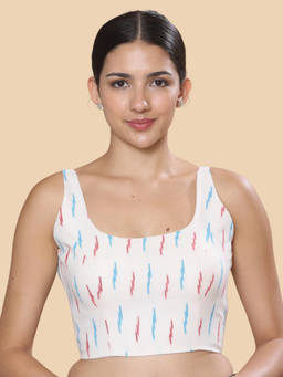Studio Shringaar - Womens Natural Off White Cotton Ikat Sleeveless Padded Stitched Blouse