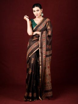 EXCLUSIVA - Brown Cotton Printed Saree Thread Weaving with Unstitched Blouse