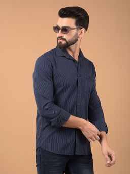 CRIMSOUNE CLUB - Navy Blue Vertical Stripes Cotton Shirt