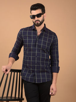 CRIMSOUNE CLUB - Navy Blue Windowpane Check Cotton Shirt