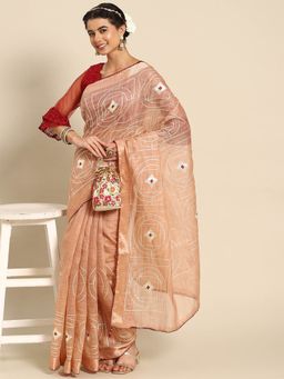 Odette - Peach Cotton Embroidered Saree with Unstitched Blouse