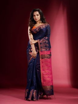 CHARUKRITI - Navy Blue with Zari Paisley Motif Saree with Unstitched Blouse
