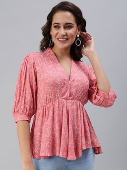 SHOWOFFFF - Women's Abstract Cinched Waist Pink V-neck Top