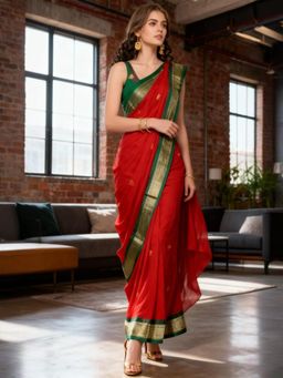 A S CREATION - Women Red Cotton Silk Kanchipuram with Elegant Traditional Design Saree