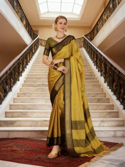 A S CREATION - Women Mustard Cotton Silk Kanchipuram with Elegant Traditional Design Saree