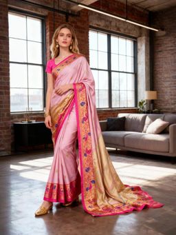 A S CREATION - Women Pink Cotton Silk Kanchipuram with Elegant Traditional Design Saree