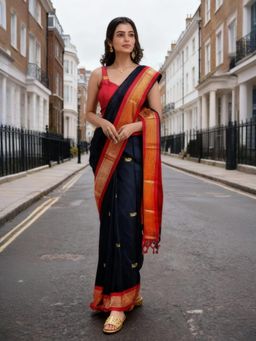 A S CREATION - Women Navy Blue Cotton Silk Kanchipuram with Elegant Traditional Design Saree