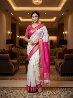 A S CREATION - Women White Cotton Silk Kanchipuram with Elegant Traditional Design Saree