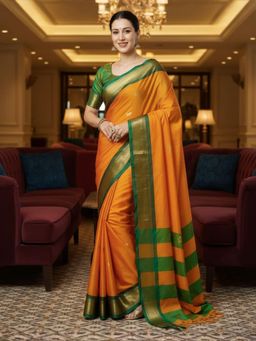 A S CREATION - Women Mustard Cotton Silk Kanchipuram with Elegant Traditional Design Saree