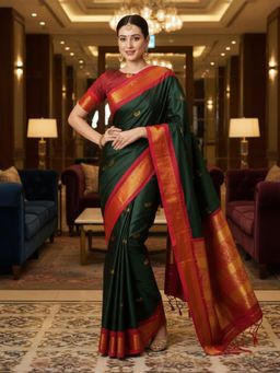 A S CREATION - Women Green Cotton Silk Kanchipuram with Elegant Traditional Design Saree