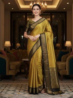 A S CREATION - Women Mustard Cotton Silk Kanchipuram with Elegant Traditional Design Saree