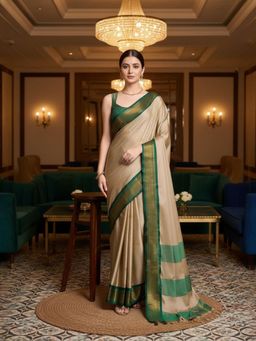 A S CREATION - Women Beige Cotton Silk Kanchipuram with Elegant Traditional Design Saree